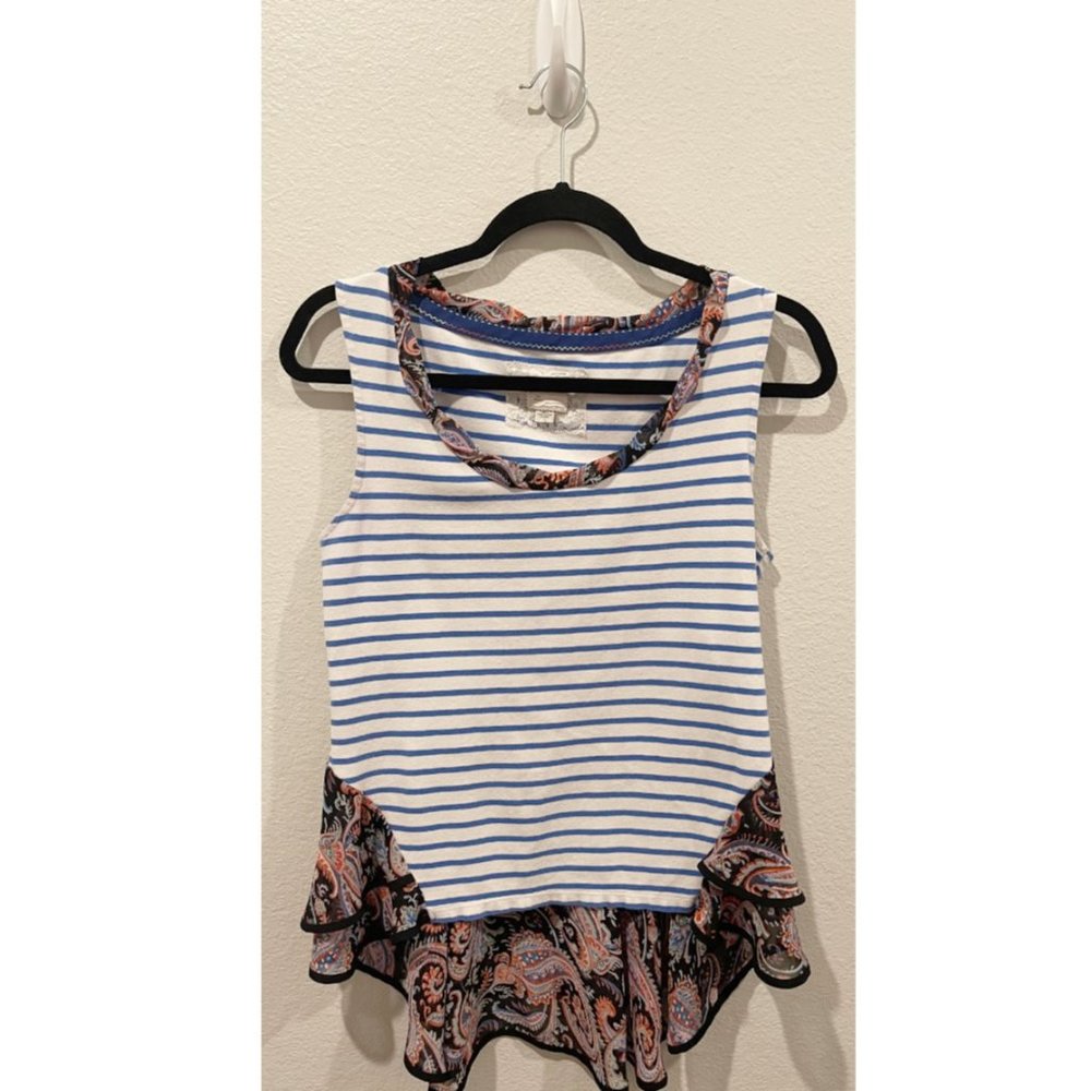 POSTMARK White Blue Stripe Paisley Peplum Ruffle Sleeveless Blouse
